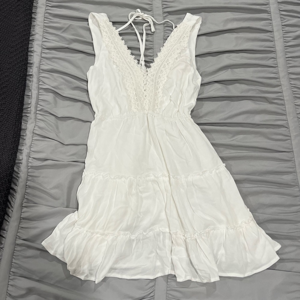 Ocean Drive White Tiered Mini Dress with Crochet V-Neck